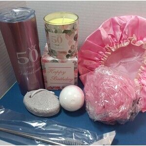 Ladies 50th Birthday Gift Box Travel Cup, Candle, Bath Bomb, Pouf, Pumice, Cap